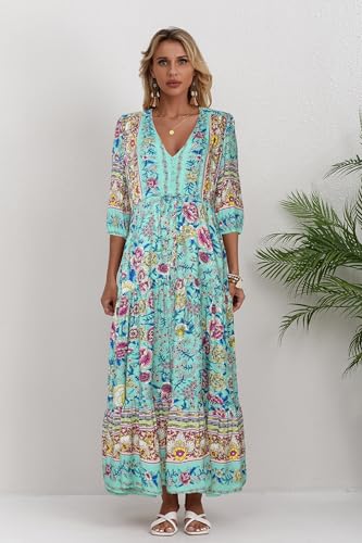 Image of Women Short Sleeve V Neck Floral Print Casual Bohemian Maxi Dresses