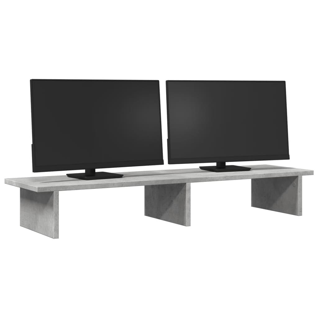 Supporto per monitor in legno grigio cemento, 100 x 27 x 15 cm, supporto per PC con ripiano per due monitor, organizer ergonomico da scrivania per ufficio e home office