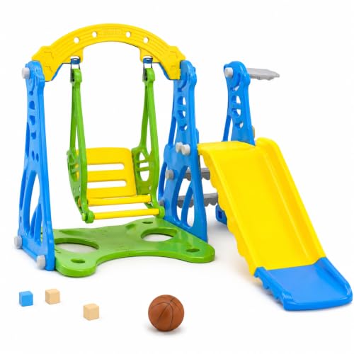 Image of Storio 3-in-1 Garden Slide & Swing with Basketball Hoop for Kids 2-5 Years | Indoor Outdoor Baby Slide Swing Combo | BPA-Free Plastic Playset for Boys & Girls | Easy Assembly - Blue Green & Yellow