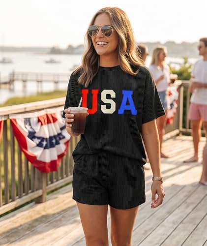 Image of MARZXIN Women 2 Piece Shorts Set 2026 Casual Summer Cruise Outfits Ribbed Loose Short Sleeve Pocket Matching Lounge Sets
