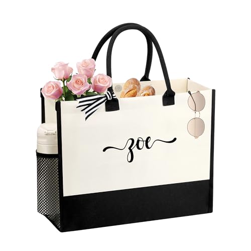 Image of Personalized Name Tote Bag for Women, Birthday Best Friend Bridesmaid Gifts for Women Canvas Initial Tote Bags