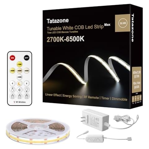 Tatazone 32.8ft COB Led Strip Light with RF Remote, Tunable White, Dimmable CCT COB Led Lights, Adhesive Led COB Light Strip for Bedroom, Kitchen, Cabinet Cover