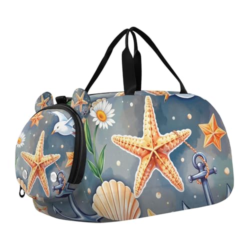 Duffle Bag for Boys or Girls with Shoes Compartment, Starfish Daisy Seaside Seagull Sports Travel Bag Overnight