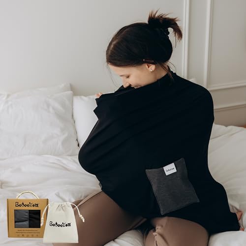 Bebeezoo Premium Bamboo Nursing Cover for Breastfeeding 6-in-1 with 2 Pockets, 360 Privacy, Feeding Cover, Soft Breathable Nursing Shawl, Scarf, Stretchable Baby Seat Cover, Poncho (Black/Grey)