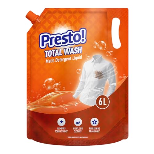 Image of Amazon Brand - Presto! Total Wash Matic Detergent Liquid | 6 Litres| Removes Tough Stains | Gentle On Fabrics | Refreshing Fragrance | Liquid Detergent For Washing Machine & Hand Wash