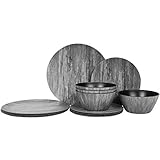 Plates and Bowls Set - 12pcs Melamine Dishes Dinnerware Set, Service for 4, Wood Pattern