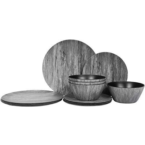 Plates And Bowls Set - 12Pcs Melamine Dishes Dinnerware Set, Service For 4, Nonstick For Kitchen,Outdoor/Indoor Use,Wood Grain Pattern #TOP18