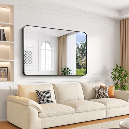 Image of Bathroom Mirror, 55 x 36 inch Black Rectangle Wall Mirror, Metal Frame Rounded Corner Vanity Mirror, Large Wall Mounted Mirrors for Over Sink Bedroom Living Room Horizontal Or Vertical Mounting