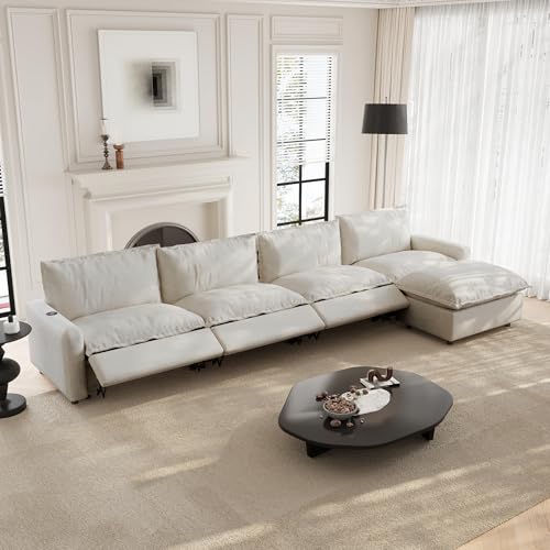 Image of 148.82 inch Power Reclining Sofa with Wireless Charging & Heated Seats,Smart Recliner Sectional Couch,Zero Gravity Recliner Sofa,Deep Seat Cloud Couch for Living Room Home Theater,Beige,5 Seats