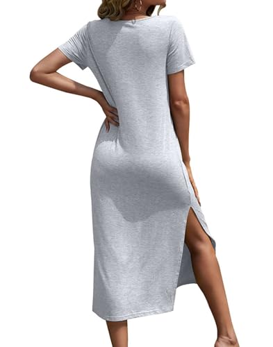 Image of Dyexces Women Summer T Shirt Dress Casual Short Sleeve V Neck Maxi Dresses Loose Side Slit Long Tshirt Dress with Pockets