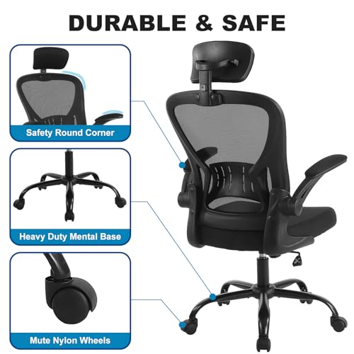 Image of Youhauchair Adjustable Mesh Ergonomic Office Chair with Wheels, Black | Flip-up Arm, Lumbar Support, Height Adjustable, Breathable, Rocking, Mid Back Swivel Compurter Chair with Headrest, Set of 1