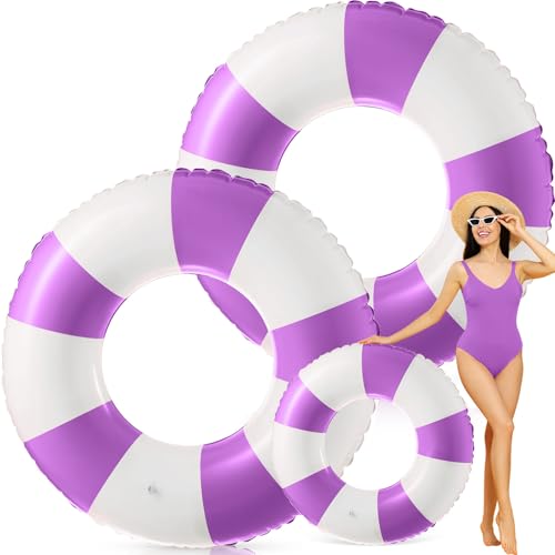 Foilswirl 47.24Inch Jumbo Inflatable Pool Floats for Adult White Striped Pool Inner Rings Swimming Inflatable Floaties Tube Women Summer Beach Bachelorette Wedding Decor(Purple White,2 Pcs)