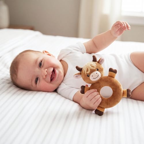 Image of Karenhi Highland Cow Tan Stuffed Animal Little Stuffed Animal Praying Baptism Soft Plush Snuggle God's Toy Embroidered Religious Gifts for Boys Girl Baby Shower Mom Barnyard Nursery Decor Doll Toy