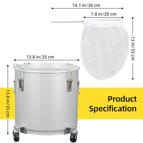 Fryer Grease Bucket 8 Gal, Coated Carbon Steel Oil Filter Pot with Caster Base, Oil Disposal Caddy, Transport Container with Lid Lock Clip Nylon Filter Bag, Silver