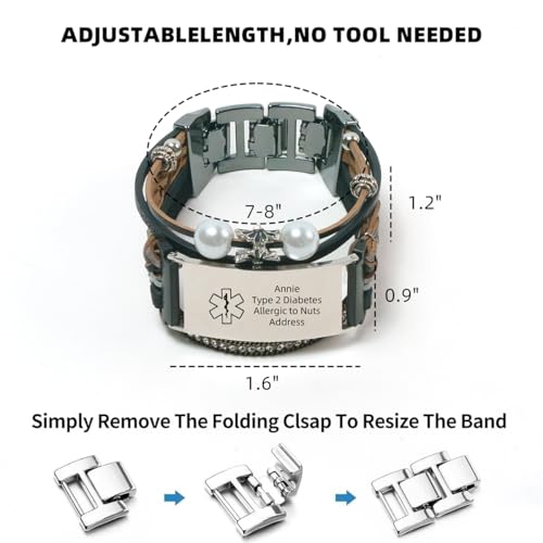 Medical Bracelets Boho Leather Pearl ID Bracelet for Women Multilayer Wrap Dressy Cute Strap with Adjustable Metal Clasp Seizure Wristband2