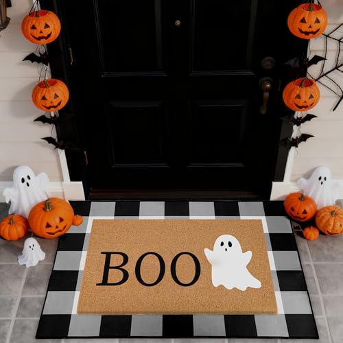 2 Pcs Halloween Door Mat Combo Set Boo Ghost Welcome Doormat for Front Doors 28 x 43in Non Slip Black and White Plaid Rug Front Porch Entryway Floor Mat for Indoor Outdoor Fronts Porch Entryway Decor
