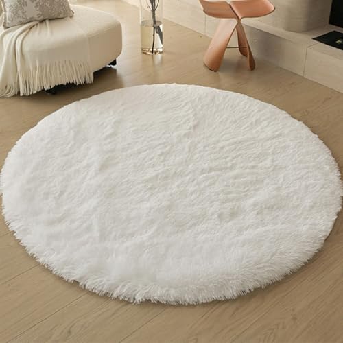 Swsen Tapis de Salon Rond, Super Doux, Shaggy, Moelleux, Dessous antidérapant, Moderne, Lavable, à Poils Longs 90 cm Diamètre, Blanc