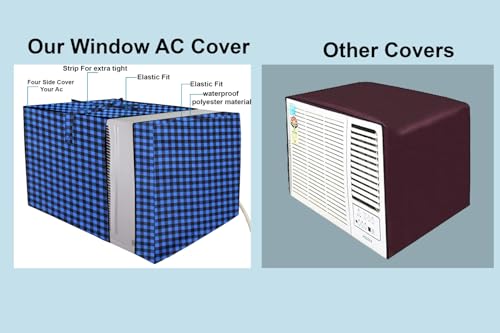 Image of The Furnishing Tree Elastic fit waterproof Polyester window ac cover suitable for Croma 1.5 Ton, Dustproof cover for inner and outer section, In CM: (62.23x66.04x43.18), Checkered Pattern Blue