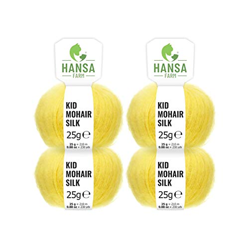  Lana premium mohair de cabrito y seda en 20+ colores - Set de 100g (4x 25g) - 72% lana Mohair Silk, 28% seda - Lana de gran calidad para punto y ganchillo - amarillo