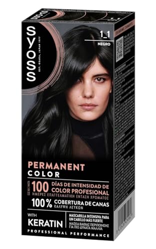 SYOSS Permanent Color 1-1 Negro, tinte de pelo y mascarilla intensiva con keratina, para una cobertura profesional de canas, color duradero y cuidado intensivo