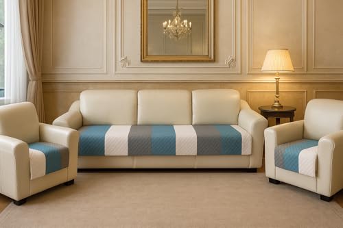 Image of Aqua Stripes Quilted Velvet Sofa Cover - 5-Seater (3+1+1) - Cool Aqua Vibe - Dust Spill Stain Guard - Premium Touch - Durable Daily Use - Pet and Child Friendly - Soft Quilted Velvet
