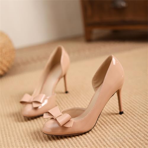 Women's Patent Leather Close Round Toe Bow Slip On Stiletto High Heel Pumps Wedding Party Office Work Dress 2.36 Inch Shoes3