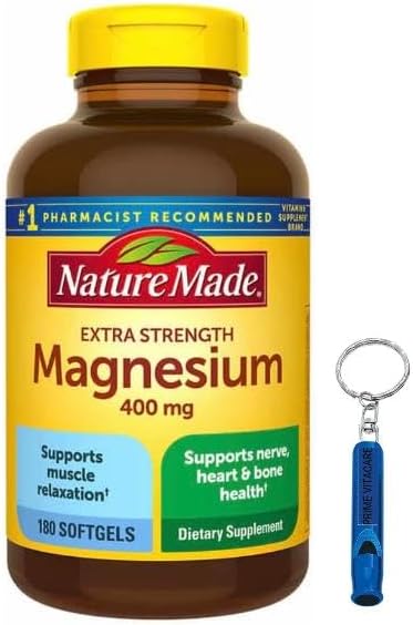Nature Made Magnesio 400 mg Extra Strength 180 cápsulas blandas, más paquete con llavero de silbato PRIME VITACARE