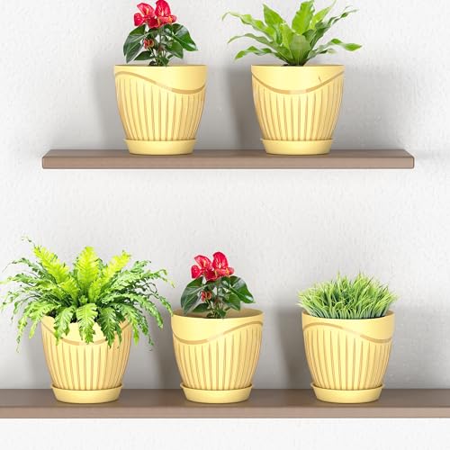 Image of ELUVIA Plastic Plant Pots with Drainage Holes and Trays - Set of 5 (6 Inch) - Minimalist Decorative Indoor Flower Pots for Living Room, Balcony & Office Garden (Yellow)