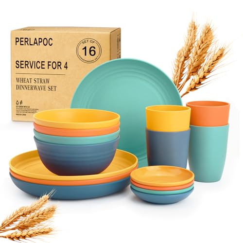 Image of Wheat Straw Dinnerware Sets, Unbreakable Plates and Bowls Sets of 16, Kids Dinnerware Set Sevice for 4, Dishwasher & Microwave Safe Dish Set for Kitchen, Outdoor, Camping - Multi