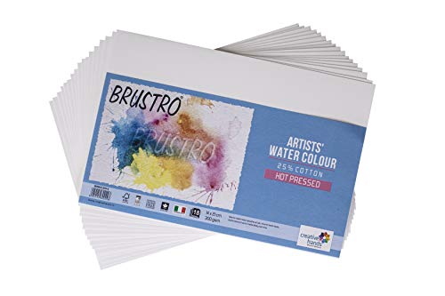 Image of BRUSTRO Artists 25% Cotton Watercolour Paper, Hot Pressed, 300 GSM, 14x21cm, Pack of 36 Sheets|Ideal for Watercolor,Acrylic,Gouache,Charcoal,Graphite,Ink & Other Mixed Media