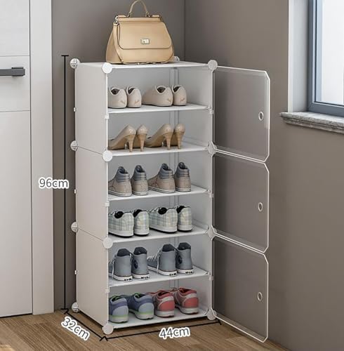 Image of AYSIS Plastic Shoe Rack for Home | 𝟔 𝐒𝐡𝐞𝐥𝐟 DIY Shoe Rack with Door 𝐌𝐚𝐠𝐧𝐞𝐭𝐬 for Home Storage Plastic Box Organizer, Metal Door Frame, Chappal Slipper Sandals Stand (White, 6-Shelf-3-Door)