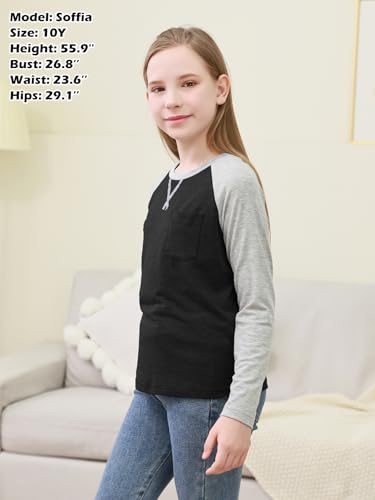 Image of GORLYA 2 Pack Girls Contrast Raglan Sleeve T-Shirt Casual Simple Basic Tee Tops with Pocket for 8-16Y