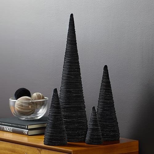 Image of Your Heart's Content Velvet Trees Set of 4 Black, Winter Mantel Accent, Navidad Tabletop Tree, Wedding Centerpiece, Cozy Handcrafted Gift, Bookcase, Classic Valentine (Black)