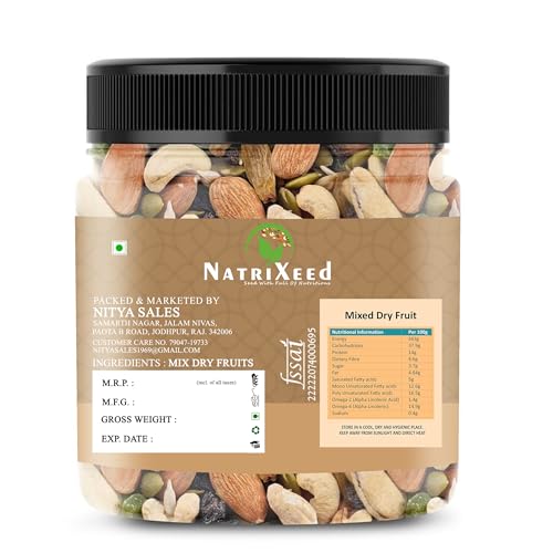 Image of NatriXeed Mix Dry Fruit 1kg | Healthy Mixed Dry Fruit Almonds, Black Raisins, Cashew Nuts, Yellow Dates and Many More | High Energy Dry Nut Snacks 1000gm | Festive Gift | Jar Pack 1000g