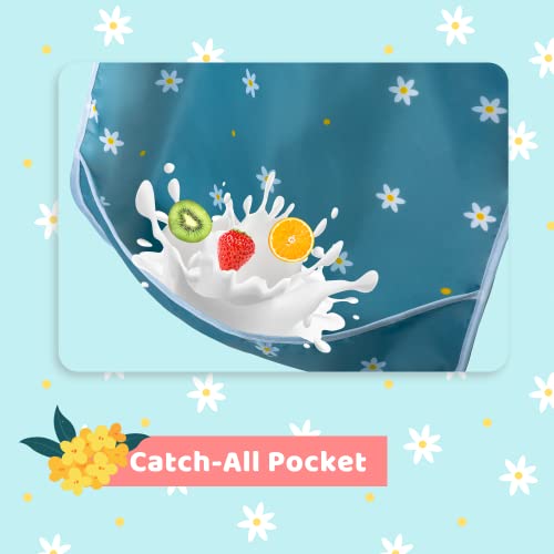 Little Dimsum Toddler Feeding Smocks Baby Waterproof Bib with Crumb Catcher Pocket Short Sleeve Adjustable Baby Bib, Pack of 2 Colors Flower Sets2