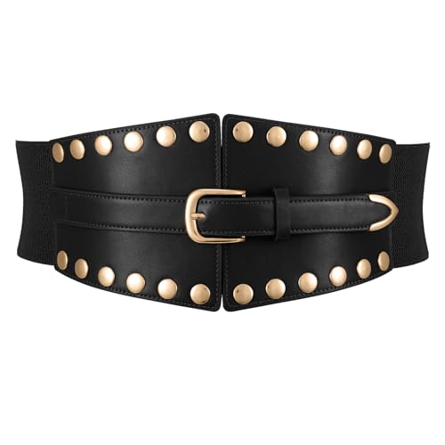 XZQTIVE Women's Wide Corset Belts, Punk Style Waist Belt for Dresses Halloween Costume, Black Faux Leather with Gold Studs