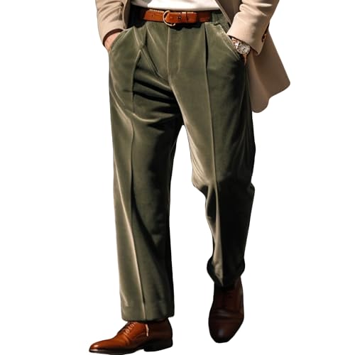 Mens Casual Corduroy Pleated Pants Relaxed Fit Corduroy Trousers Straight Leg Pleated Dress Men Pant