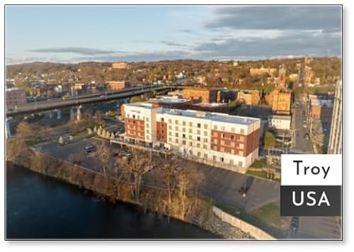 Troy, NY, USA - : Late Afternoon Aerial View of A Courtyard by Marriott Hotel Along The Eastern Bank of The River in Troy, NY, Fridge Magnet