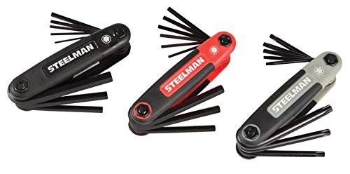 Image of Steelman 3-Piece Set Folding Hex Key Wrench Tools, SAE, Metric, and Torx Allen Wrench Sets, Chamfered Ends, Rubberized Grip
