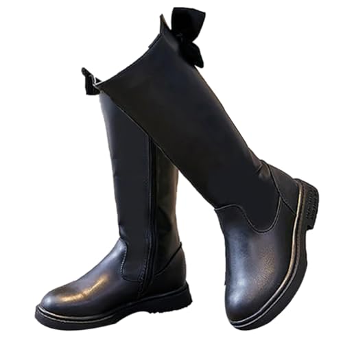 Autumn Girls Horse Riding Boots(27-37), Round Toe Riding Boots, with Bowtie, Side Zipper + Breathable, Comfortable Interior + Knee High, for Winter(Little Kid),31,Black