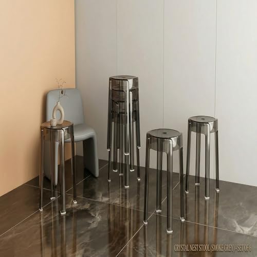 Image of The Artment your artistic apartment Smoke Grey Color CrystalNest Transparent Acrylic Stackable Round Accent Stool, Modern Side Stool for Living Room, Bedroom and Home & Office (Set of 6)
