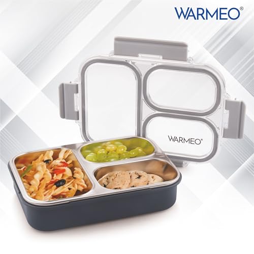 Image of WARMEO BENTO Microwave-Safe Stainless Steel Lunchbox with 3 compartments,bpa Free,Perfect for Office, School, Travelling, 750ml-Grey