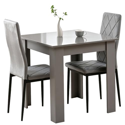 Rainbow Tree Modern 3 Piece Dining Room Table and Chairs Set Wooden Square Table with 2 Chairs for Small Space Apartment Space Saving (Grey Table+2 Grey Argyle Velvet Chair)