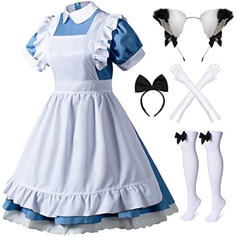 Japanese Anime 6Pcs Lolita French Maid Apron Fancy Dress Cosplay Costume Gloves Headwear Socks set(Blue XL) Cover