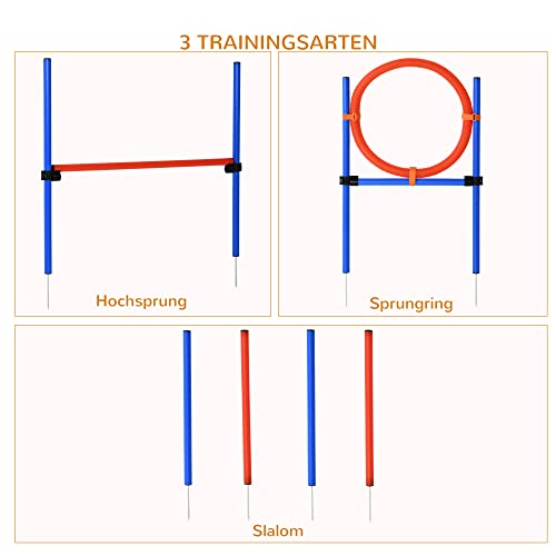 PawHut Agility-Übungs-Set Slalom-Hürden-Sprungring 3 in 1 Hundesport Trainingsplatz PE Blau+Rot