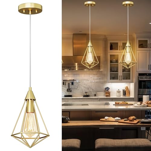 DWVO 2-Pack Pendant Lights Fixture, Farmhouse Cage Metal Line Hanging Ceiling Light with E26 Lamp Holder, Suitable for Kitchen Island, Entrance, Dining Room, Hallway - Gold