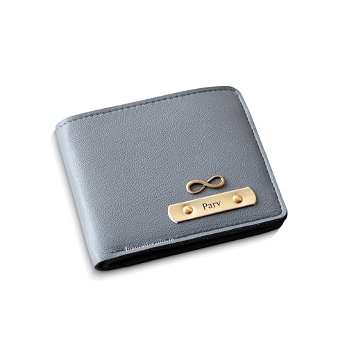 Image of Innovative Gifts Men's Personalized Wallet I Stylish Vegan Leather Slim Purse with Name & Charm I Customized Unique Gift for Birthday Anniversary Men Boy Love Husband Employees Clients (Grey)