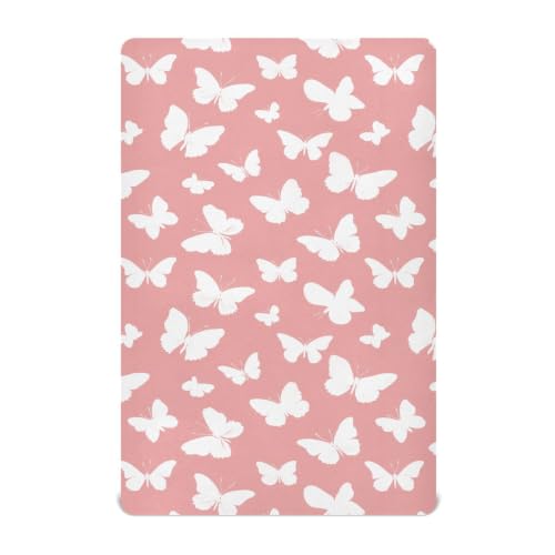 Image of Crib Sheet Breathable Soft Crib Mattress Sheet for Baby Toddler Boys Girls Fitted Pack n Play Crib Sheet Fit Standard Crib Mattress 39 x 27 Inch Pink Butterfly Silhouettes
