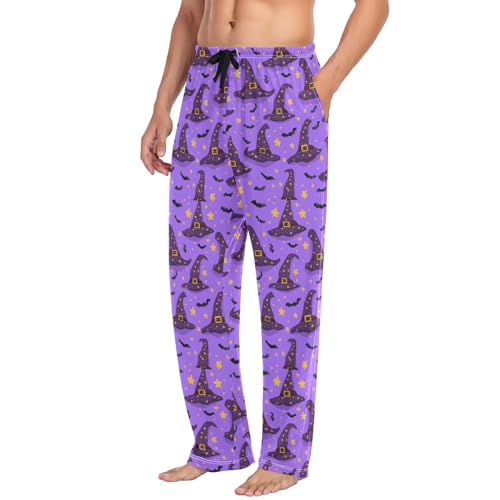 Men's Purple Witch's Hats Pajama Pants with Pockets - Straight Fit Cotton Sleep Bottoms for Lounge & Nightwear#714