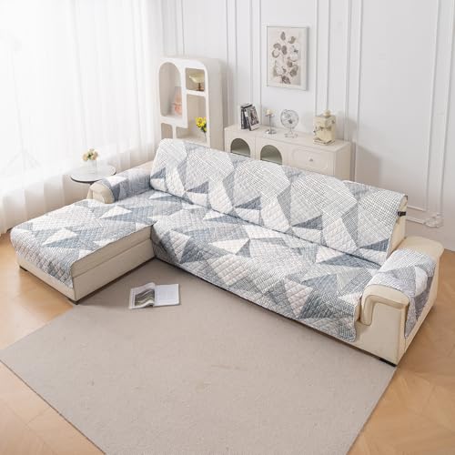 Image of HOKIPO 'Elira Series' Printed Quilted One-Piece L Shape 4 Seater (2+2) Sofa Cover with Left Chaise | Anti-Slip Design, Snow White Black Geometry (AR-5373-C9)